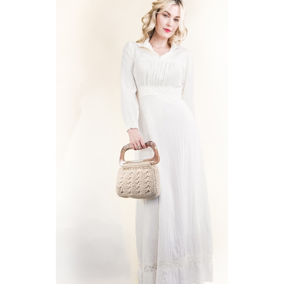 70s Ivory Cotton Gauze Crochet Trim VTG Maxi Dress - Picture 2 of 16